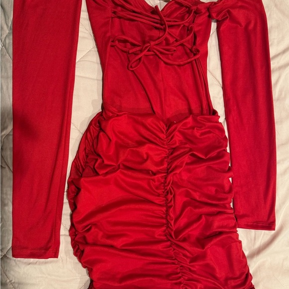 Temptations Red Ruched Bishop Sleeve Cocktail Dress - Picture 3 of 7